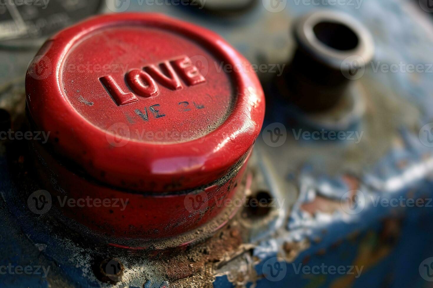 AI generated Vibrant control button with the word LOVE embossed in bold letters affixed to a weathered industrial panel, symbolizing the power and urgency of love. Valentines concepts. photo