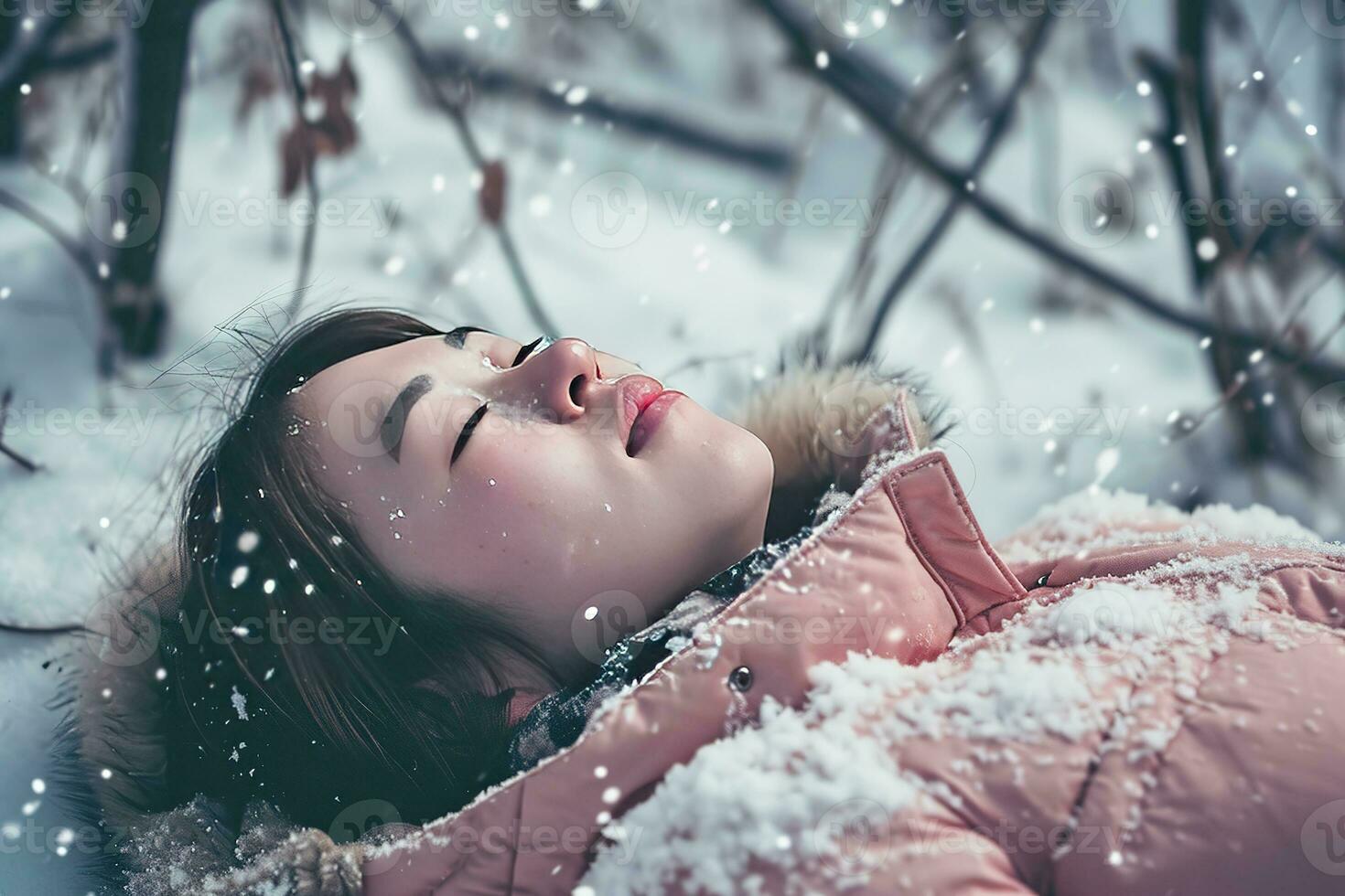 AI generated Young girl with closed eyes lies in the snow, her face peaceful. Snowflakes decorate her hair and winter coat. Her cheeks are rosy from the cold. photo