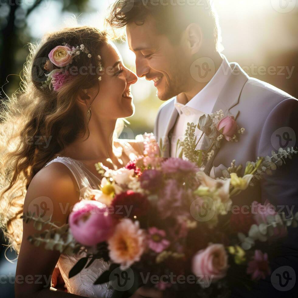 ai generado un novia y novio cercanamente sostener un hermosa ramo, lleno con suave rosado y rojo flores, en contra un soñador, iluminado por el sol fondo. foto