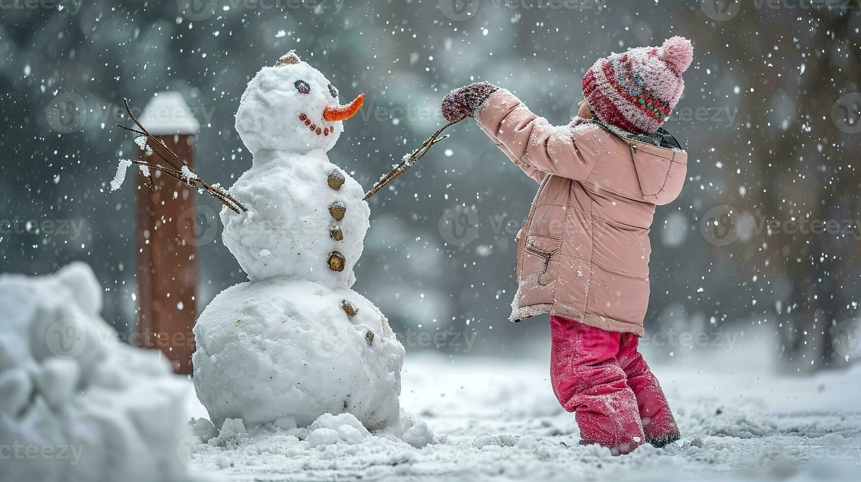 AI generated Joyful child in a pink jacket and colorful hat builds snowman on snowy day, adorning it with a carrot nose and twig arms, under a gentle snowfall. photo