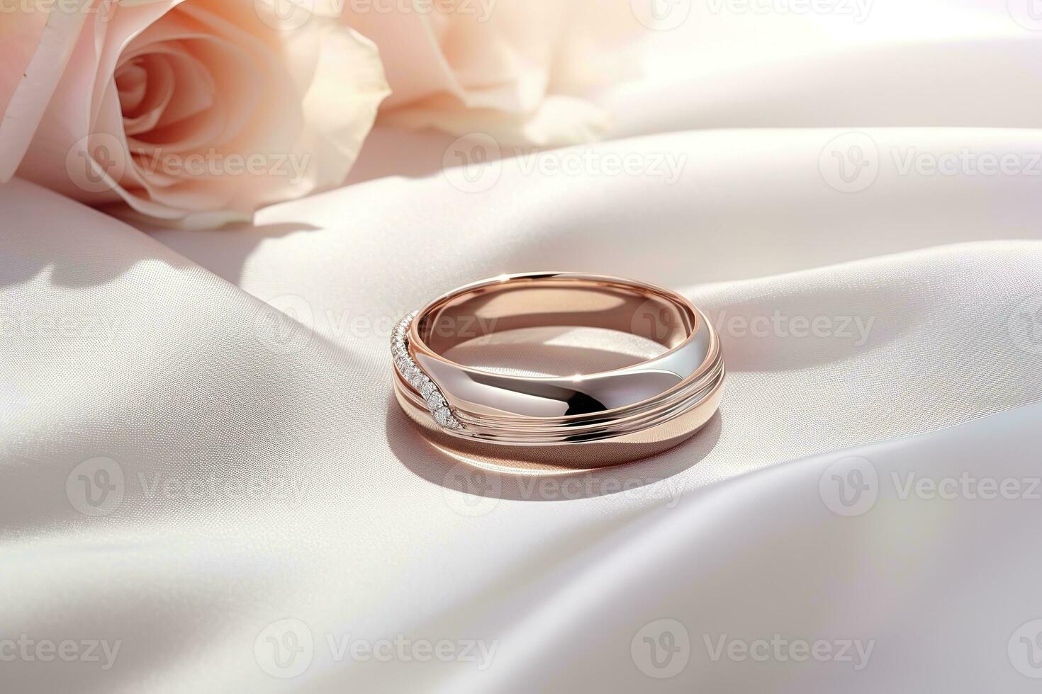 AI generated Beautiful platinum rings with a rose gold accent is shown up close, positioned on a white surface with gentle sunlight softly highlighting the rings details in the background. photo