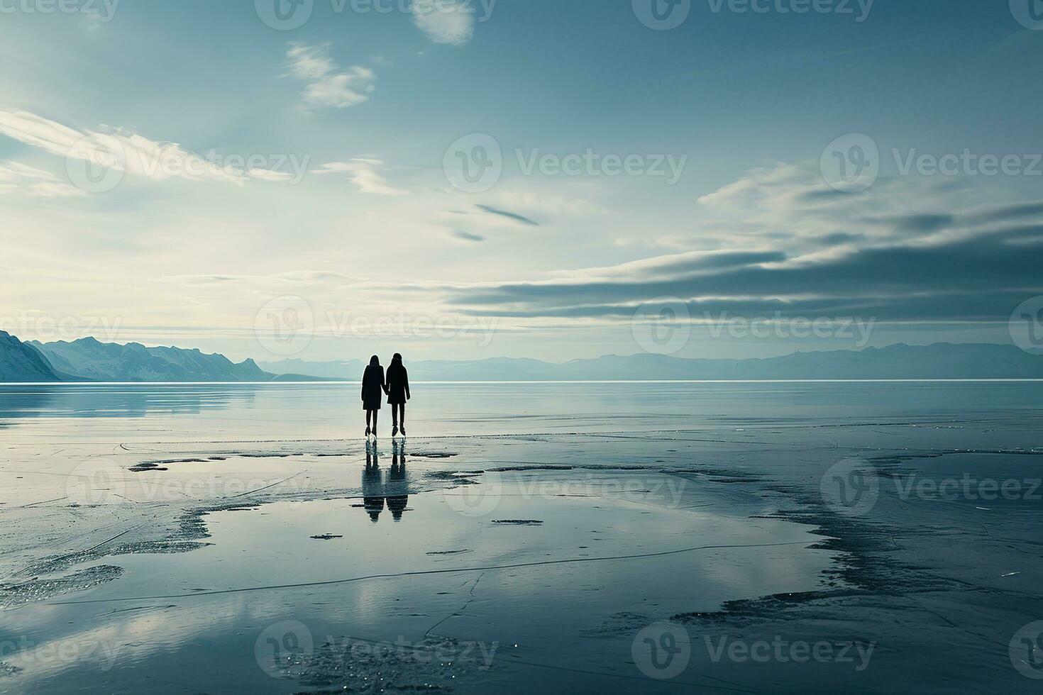 AI generated Young couple ice skating hand in hand on a serene, frozen lake surrounded by snow covered trees on a sunny day. photo