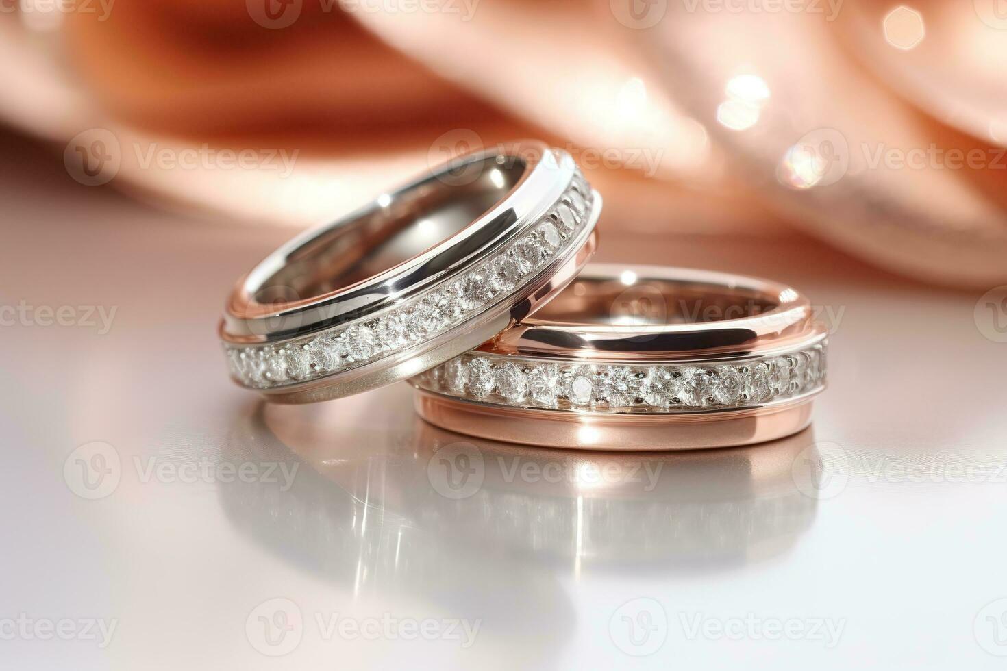 AI generated Beautiful platinum rings with a rose gold accent is shown up close, positioned on a white surface with gentle sunlight softly highlighting the rings details in the background. photo