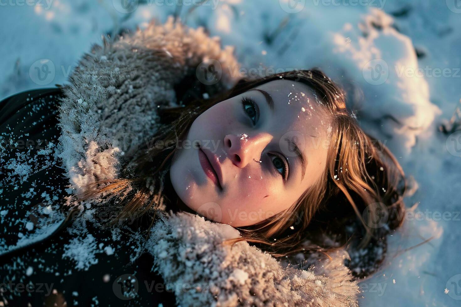 AI generated Young girl with closed eyes lies in the snow, her face peaceful. Snowflakes decorate her hair and winter coat. Her cheeks are rosy from the cold. photo