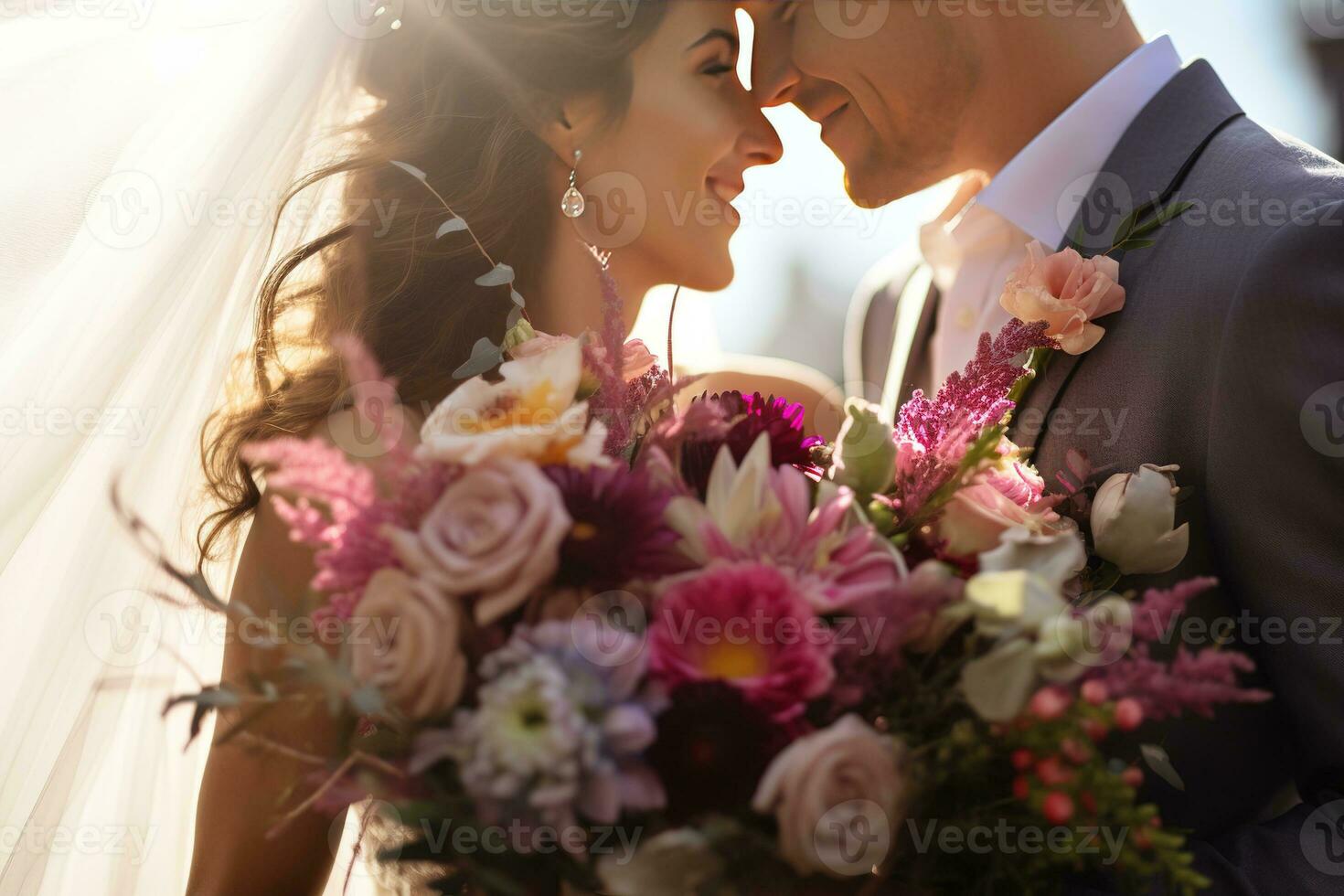 ai generado un novia y novio cercanamente sostener un hermosa ramo, lleno con suave rosado y rojo flores, en contra un soñador, iluminado por el sol fondo. foto