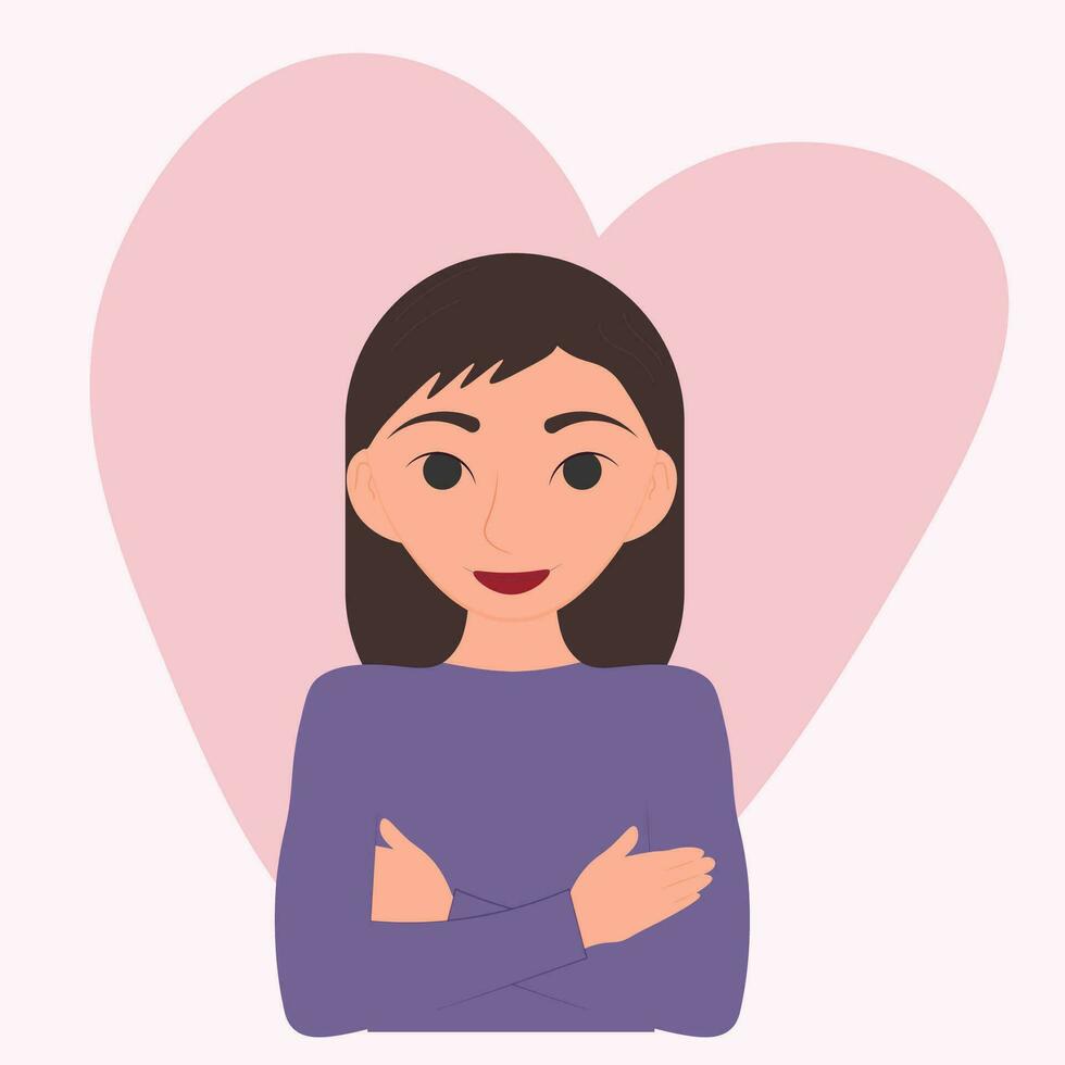 un sonriente joven mujer abrazos sí misma por el espalda. tomar cuidado de tú mismo, aceptar tú mismo. vector plano ilustración en dibujos animados estilo.