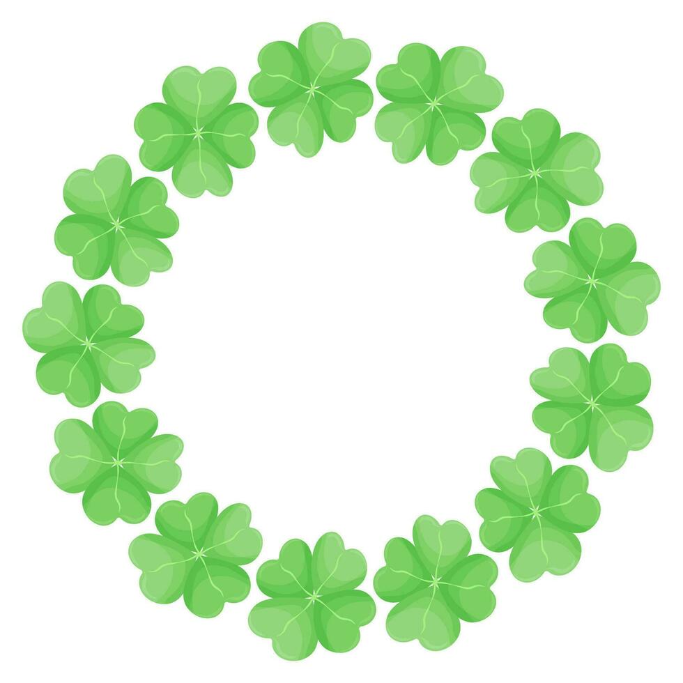 Round vector frame for St. Patrick Day with green four-leaf clover leaves. Background for the design of greeting card for the Irish festival. Natural floral spring background. copy space