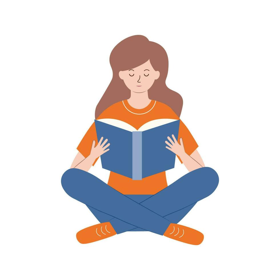 A young woman is sitting and reading a book with pleasure and interest. the girl keeps her diary or takes notes. The concept of mental health. Vector illustration