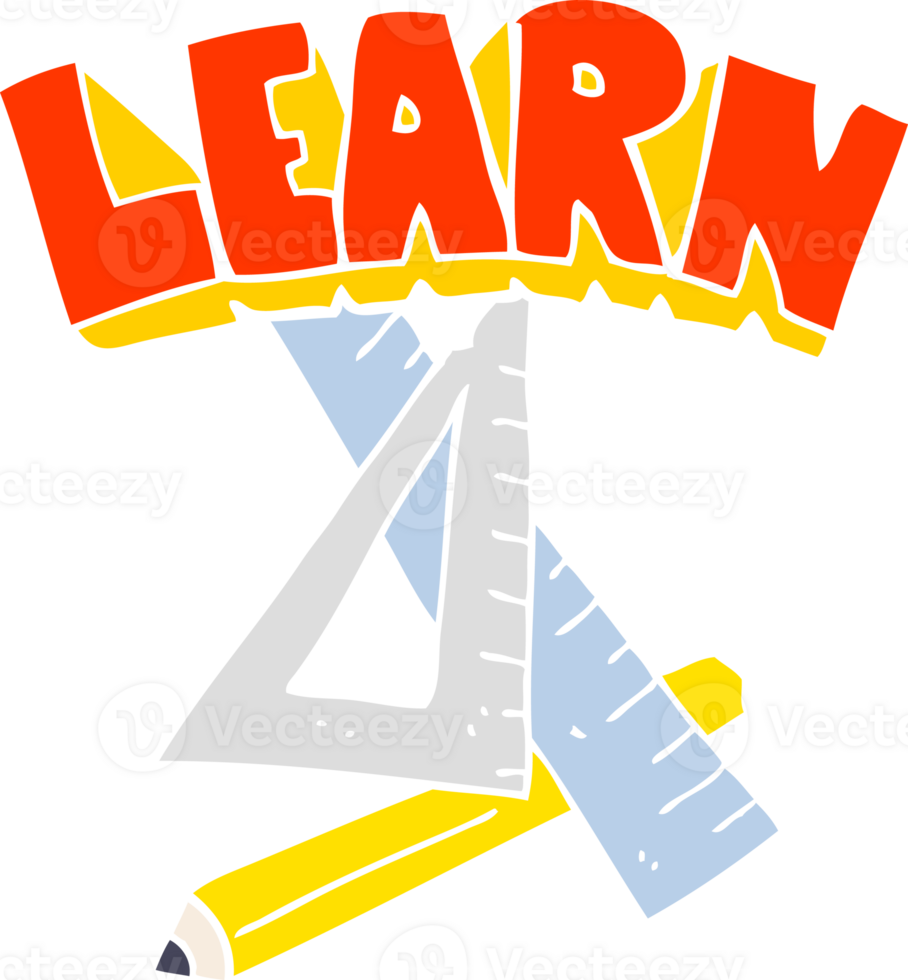 flat color illustration of a cartoon pencil and ruler under Learn symbol png