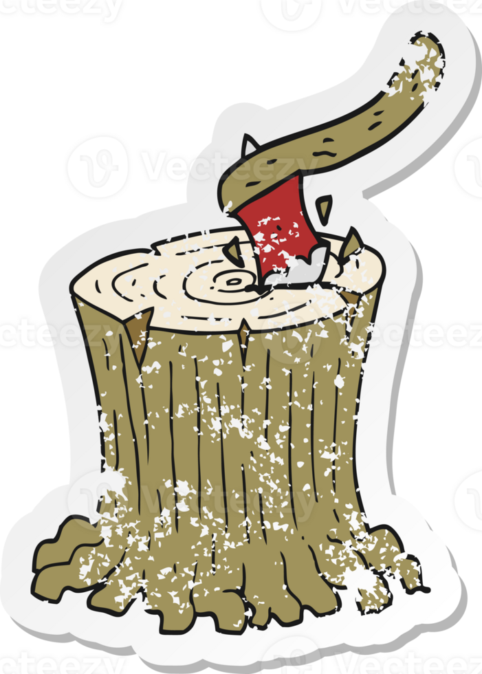 retro distressed sticker of a cartoon axe in tree stump png