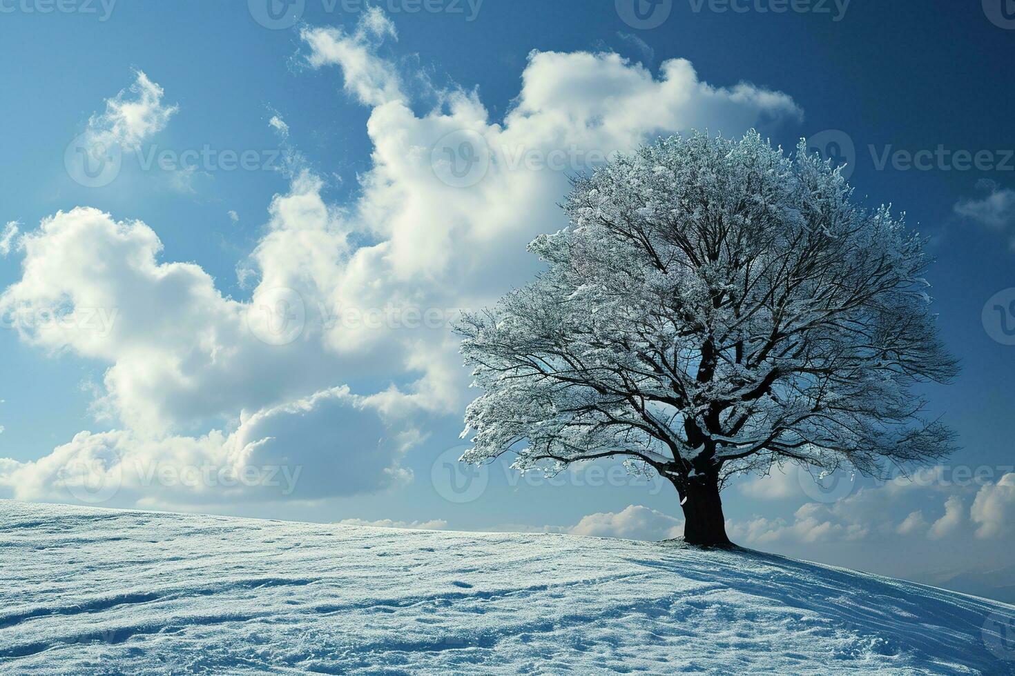 AI generated Solitary tree stands covered in frost against a bright blue sky, surrounded by a pristine snowy landscape with footprints scattered across the foreground. photo