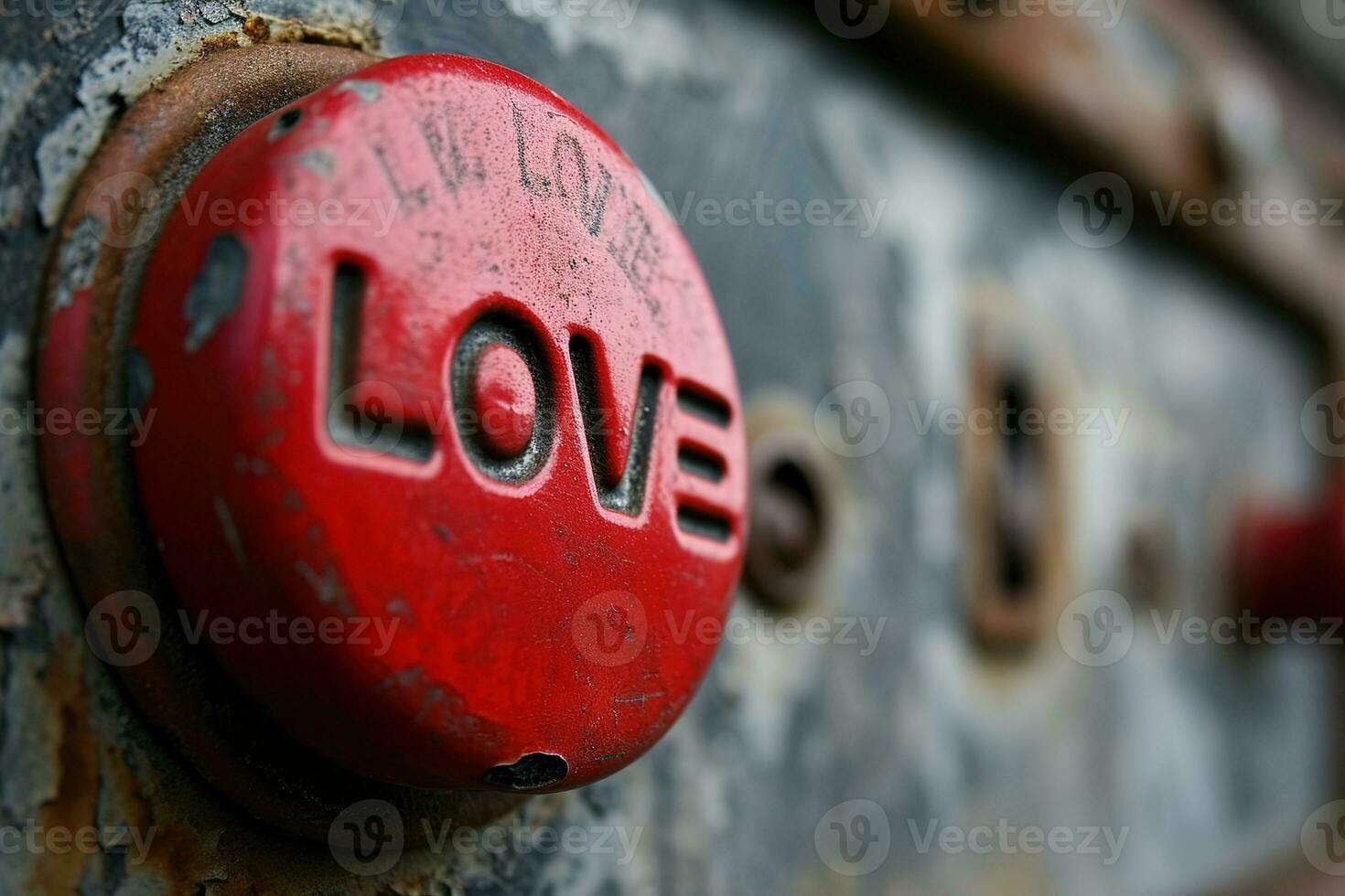 AI generated Vibrant control button with the word LOVE embossed in bold letters affixed to a weathered industrial panel, symbolizing the power and urgency of love. Valentines concepts. photo