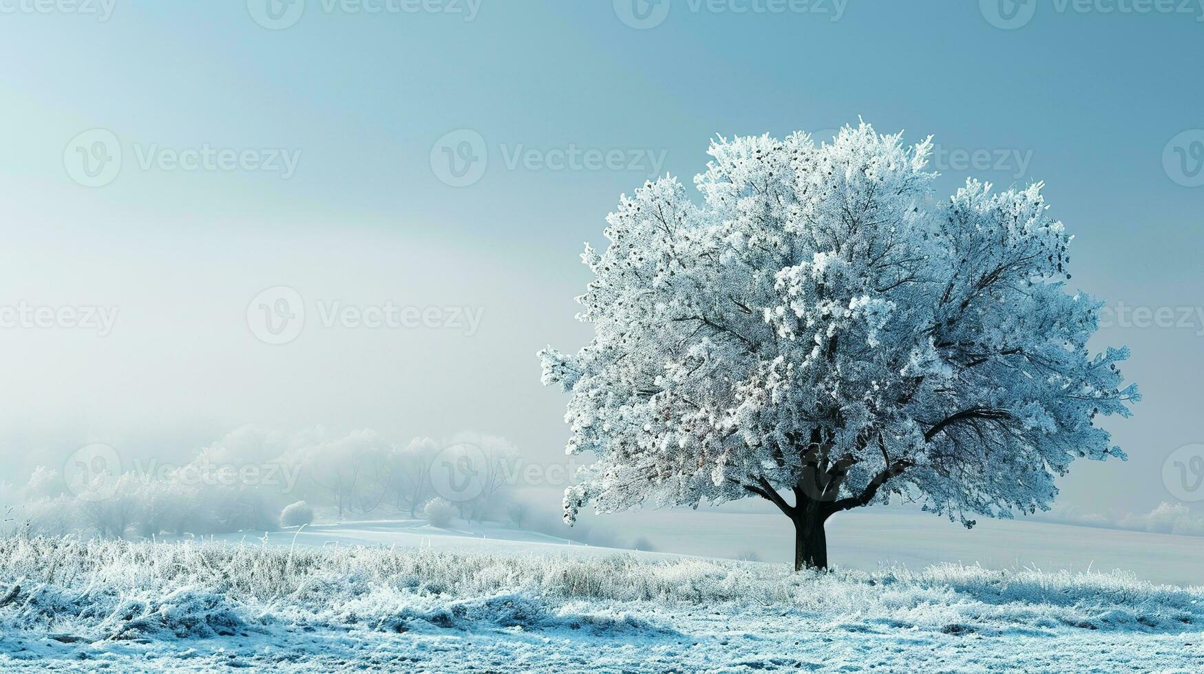 AI generated Solitary tree stands covered in frost against a bright blue sky, surrounded by a pristine snowy landscape with footprints scattered across the foreground. photo