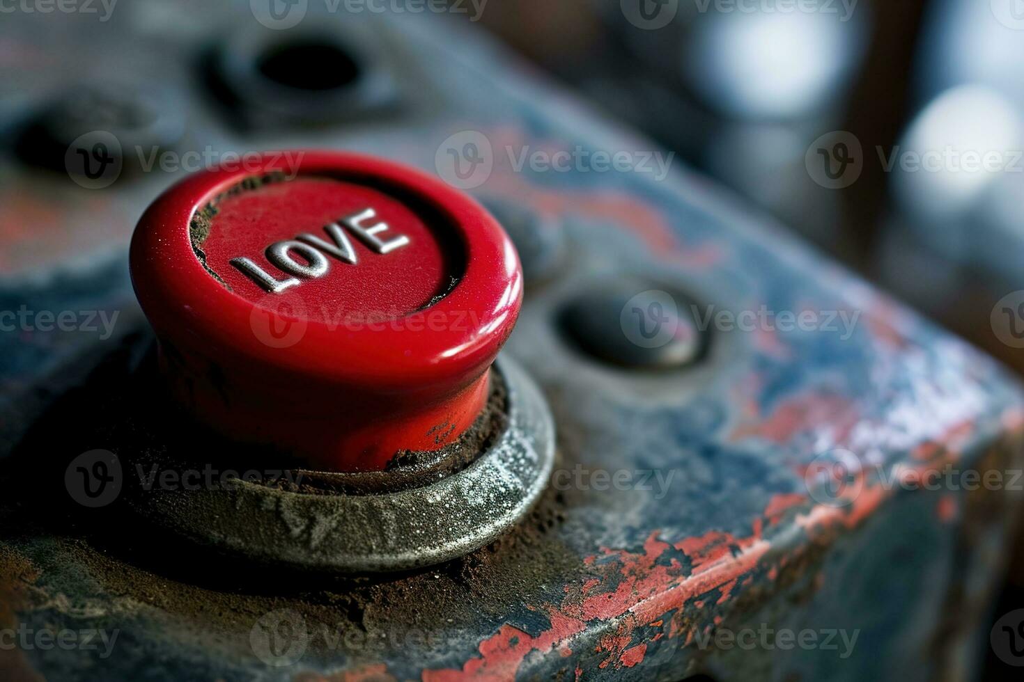 AI generated Vibrant control button with the word LOVE embossed in bold letters affixed to a weathered industrial panel, symbolizing the power and urgency of love. Valentines concepts. photo