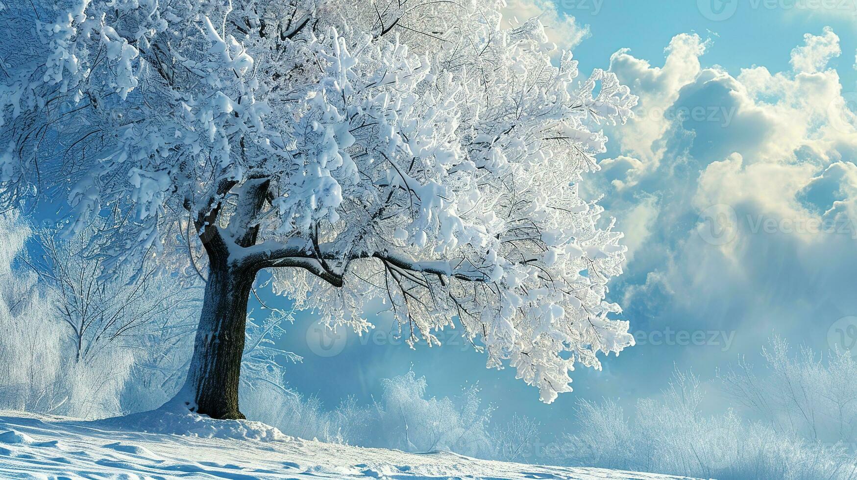 AI generated Solitary tree stands covered in frost against a bright blue sky, surrounded by a pristine snowy landscape with footprints scattered across the foreground. photo