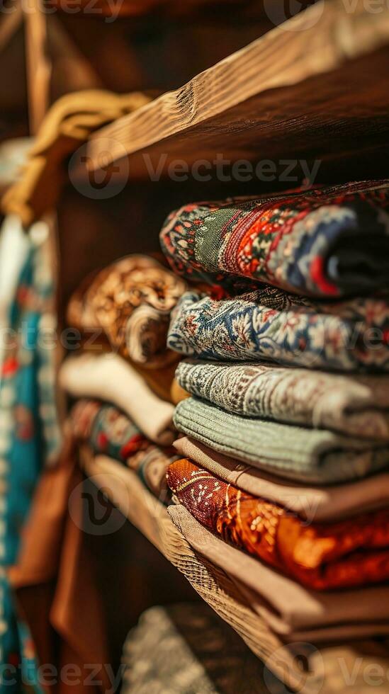 AI generated Neatly folded clothing in a variety of colors and patterns are stacked on wooden shelves, showcasing a cozy and organized closet space. photo