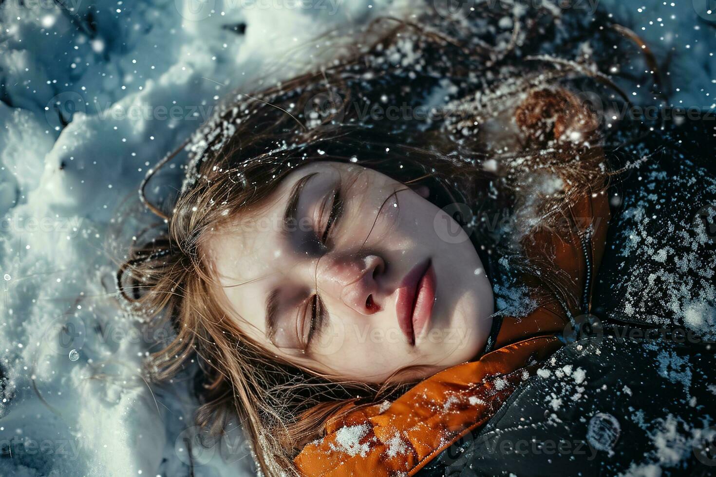 AI generated Young girl with closed eyes lies in the snow, her face peaceful. Snowflakes decorate her hair and winter coat. Her cheeks are rosy from the cold. photo