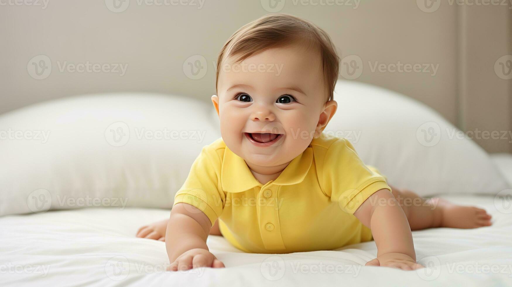 AI generated Joyful baby on a soft white bed reaches out with a tiny hand, smiling playfully against a neat, light backdrop, capturing a moment of innocent curiosity. photo