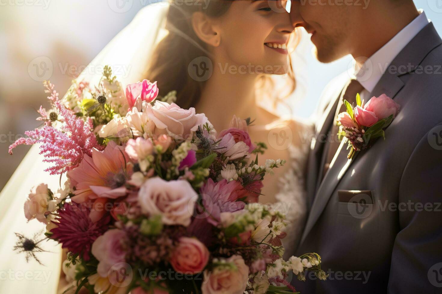 ai generado un novia y novio cercanamente sostener un hermosa ramo, lleno con suave rosado y rojo flores, en contra un soñador, iluminado por el sol fondo. foto