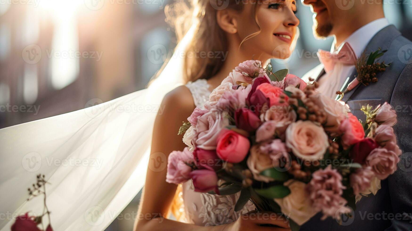 ai generado un novia y novio cercanamente sostener un hermosa ramo, lleno con suave rosado y rojo flores, en contra un soñador, iluminado por el sol fondo. foto