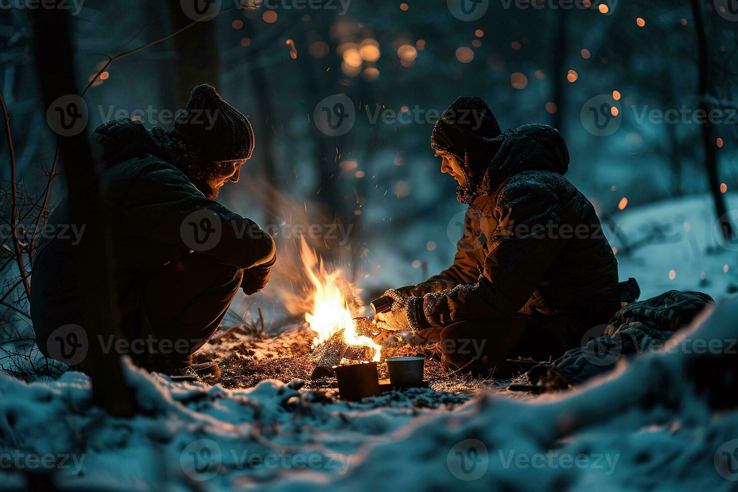 AI generated Vibrant campfire crackles amidst a snowy scene, with golden bokeh lights and two blurred figures seated behind, evoking warmth in the cold winter ambiance. photo