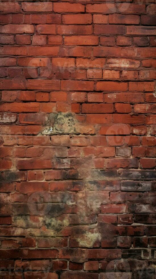 AI generated Expansive panorama showing the textured surface of an aged red brick wall with noticeable weathering and various shades of bricks, suitable for a rustic background. photo