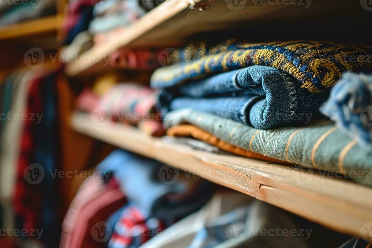 AI generated Neatly folded clothing in a variety of colors and patterns are stacked on wooden shelves, showcasing a cozy and organized closet space. photo