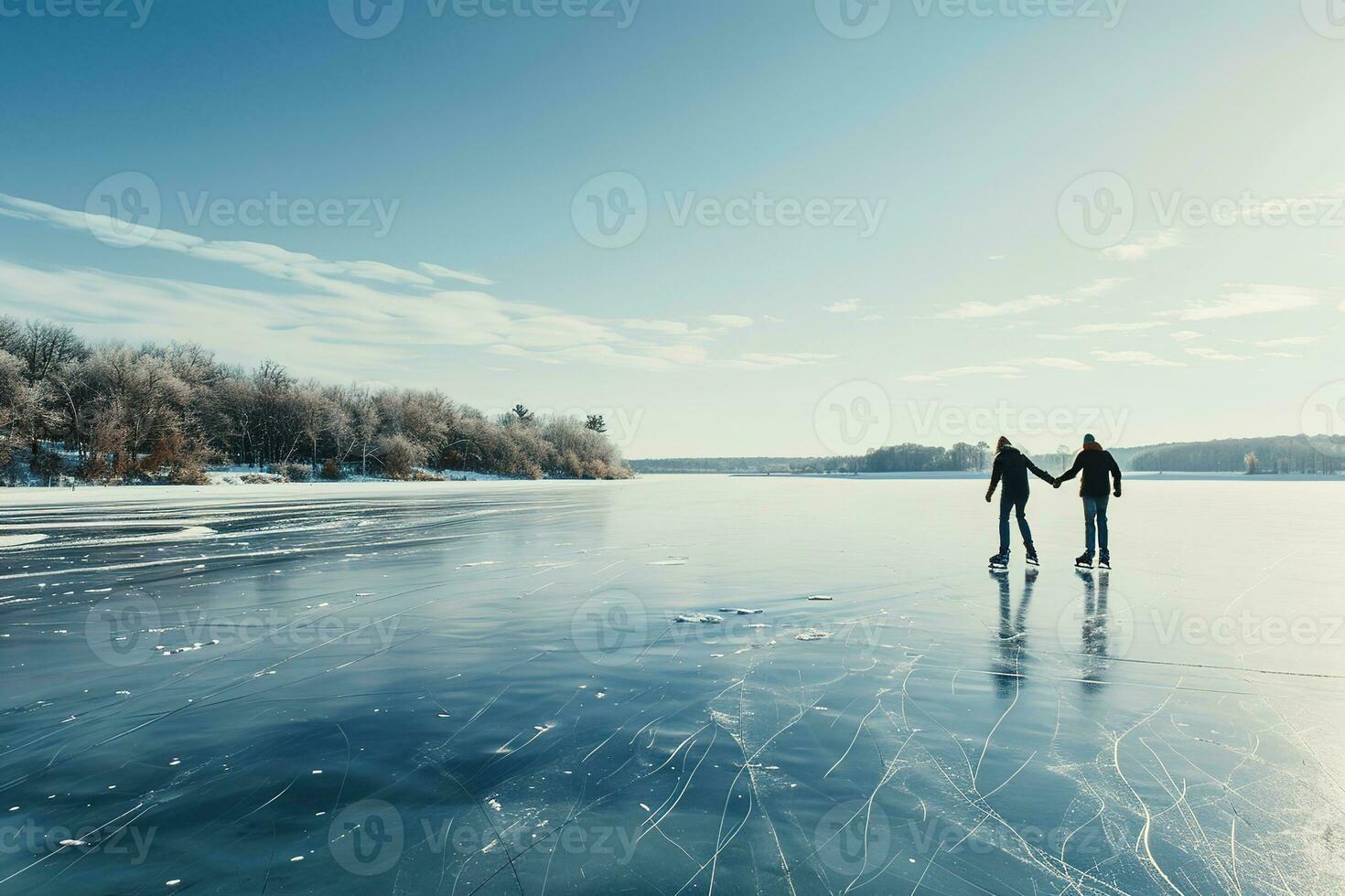 ai generado joven Pareja hielo Patinaje mano en mano en un sereno, congelado lago rodeado por nieve cubierto arboles en un soleado día. foto