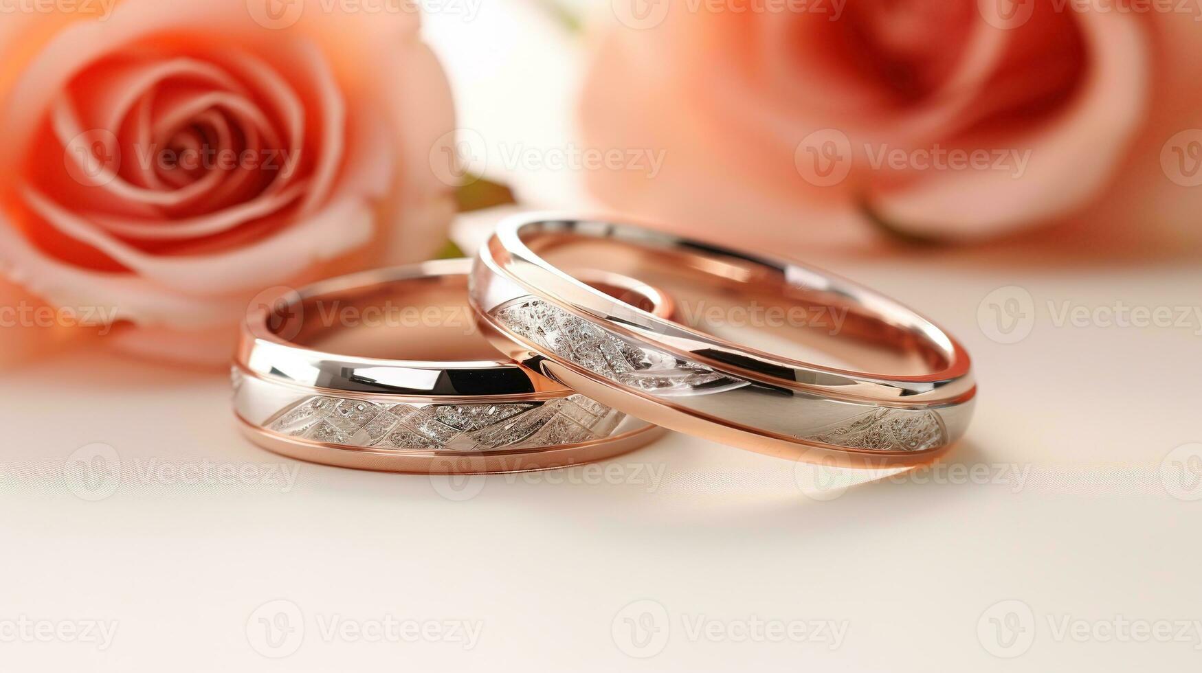 AI generated Beautiful platinum rings with a rose gold accent is shown up close, positioned on a white surface with gentle sunlight softly highlighting the rings details in the background. photo