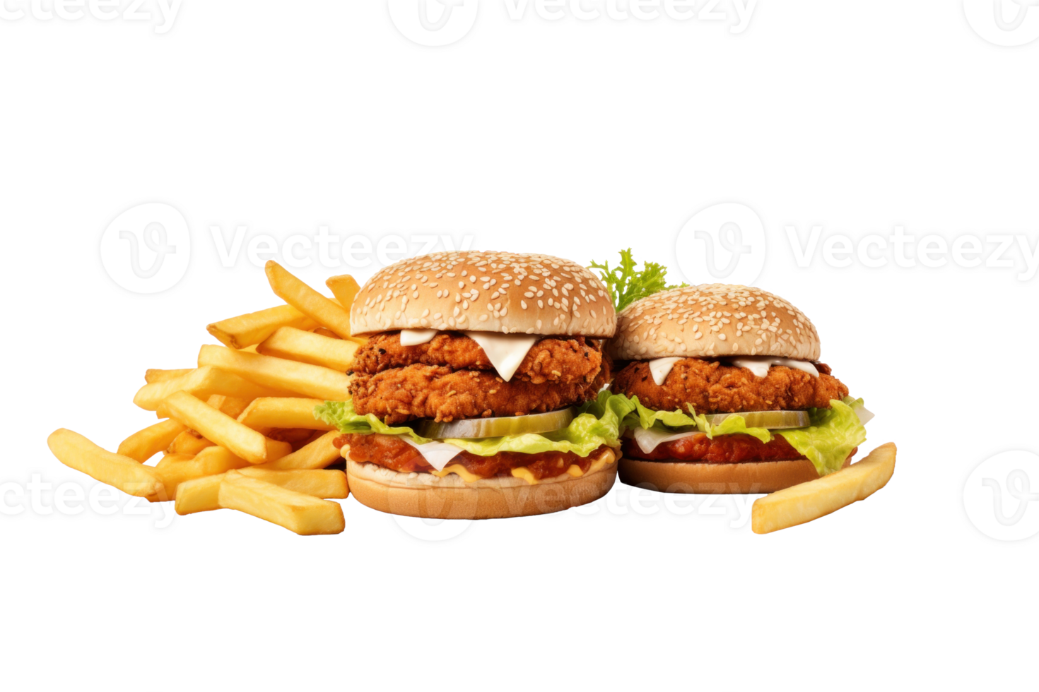 AI generated Tasty Chicken Burgers and Fries on Transparent png