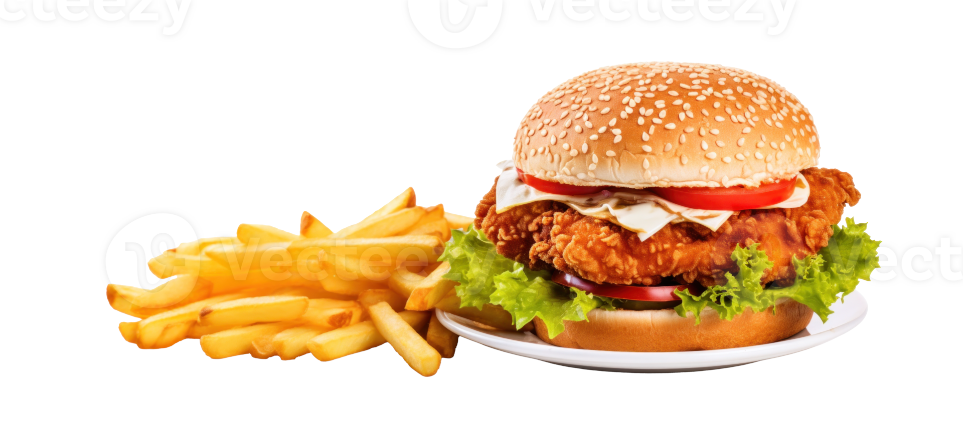 AI generated Crispy Chicken Burger and Fries on Plate png