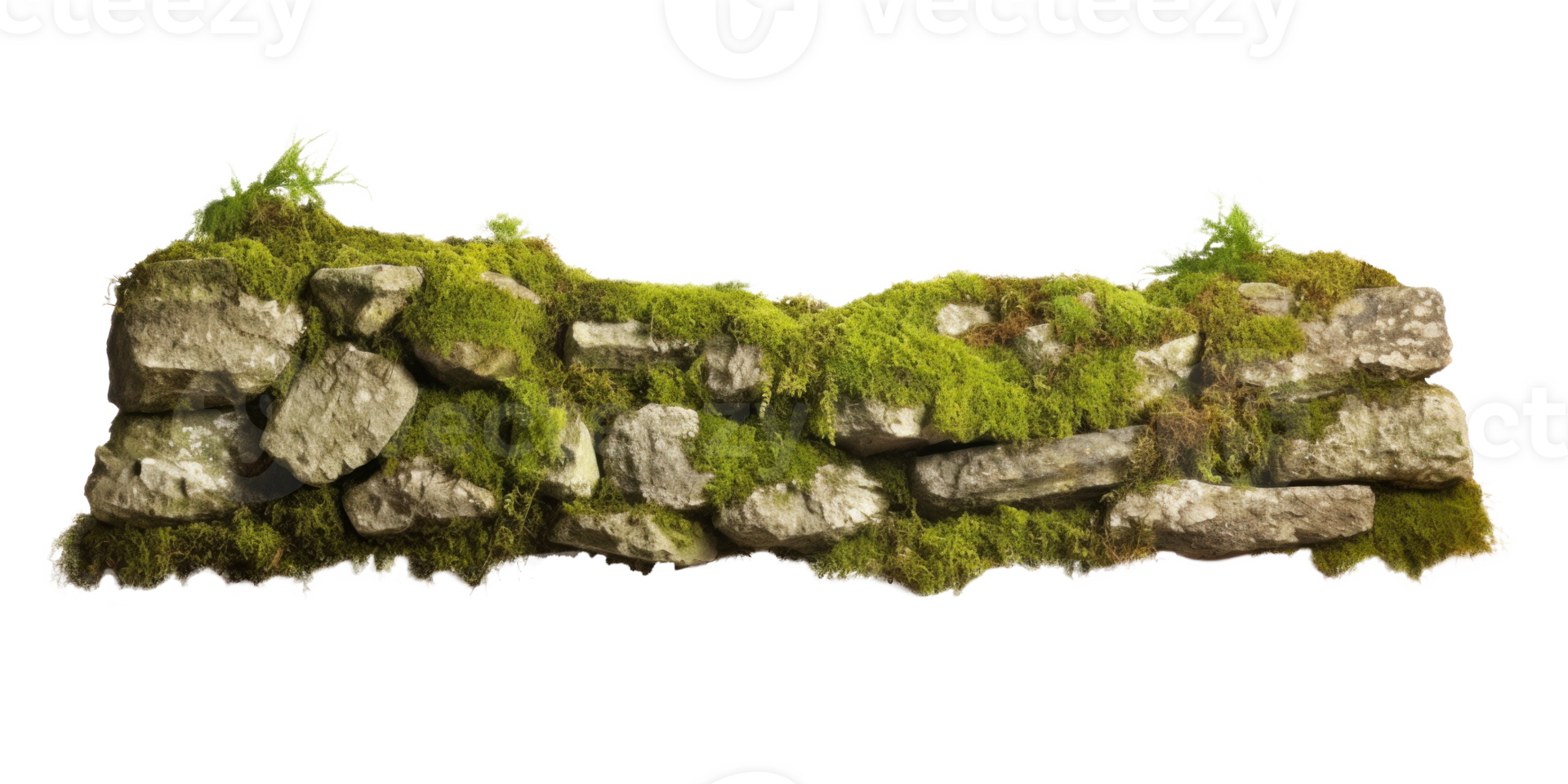 AI generated Old Stone Wall Covered in Moss Isolated on Transparent png