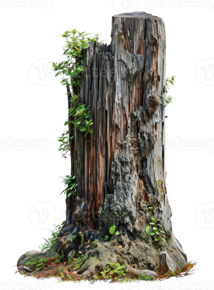 AI generated Textured Rough Wood Stump with Greenery png