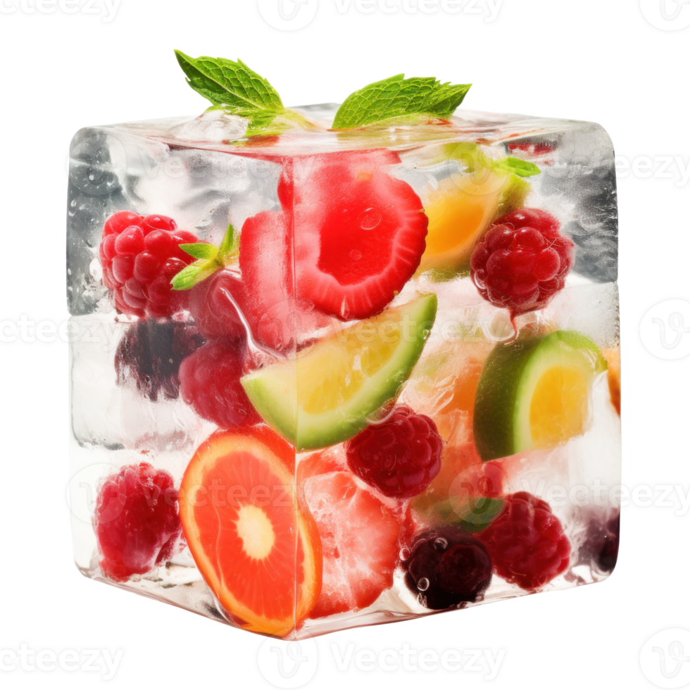 ai generado vistoso frutas atrapado en hielo cubo png