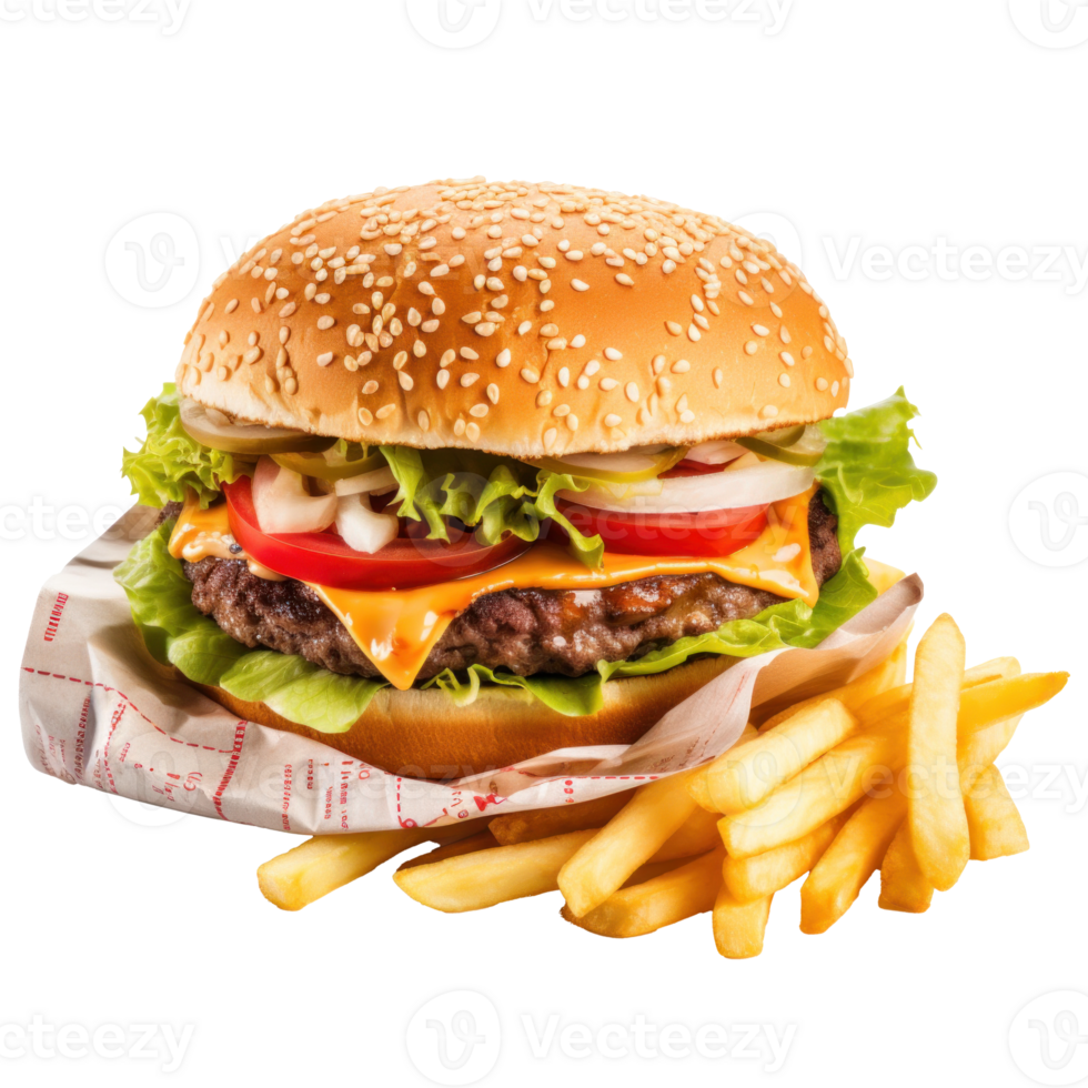 AI generated Juicy Burger with Fries on Transparent png