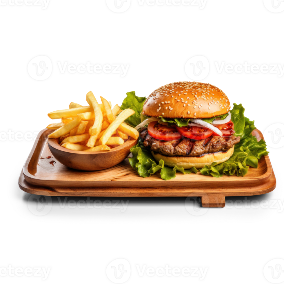 ai generiert lecker Burger und Fritten auf transparent bg png