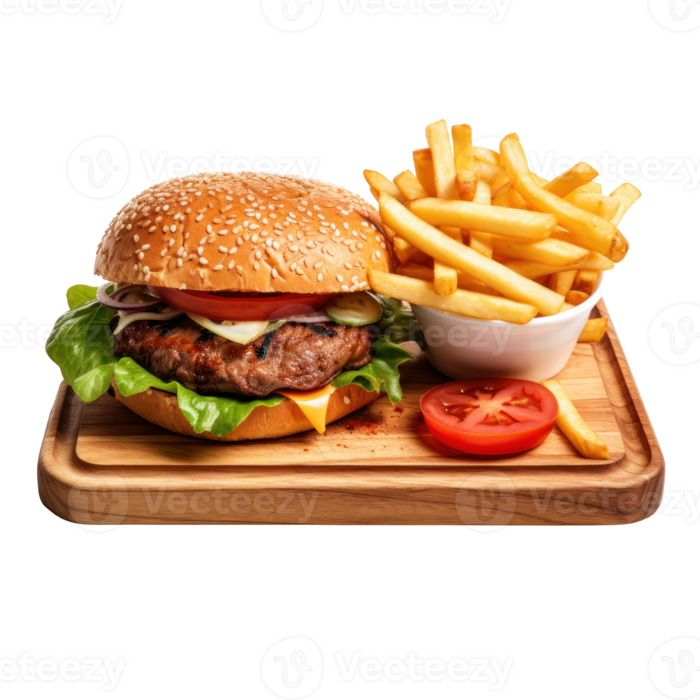 ai genererad gata mat burger och frites på transparent png