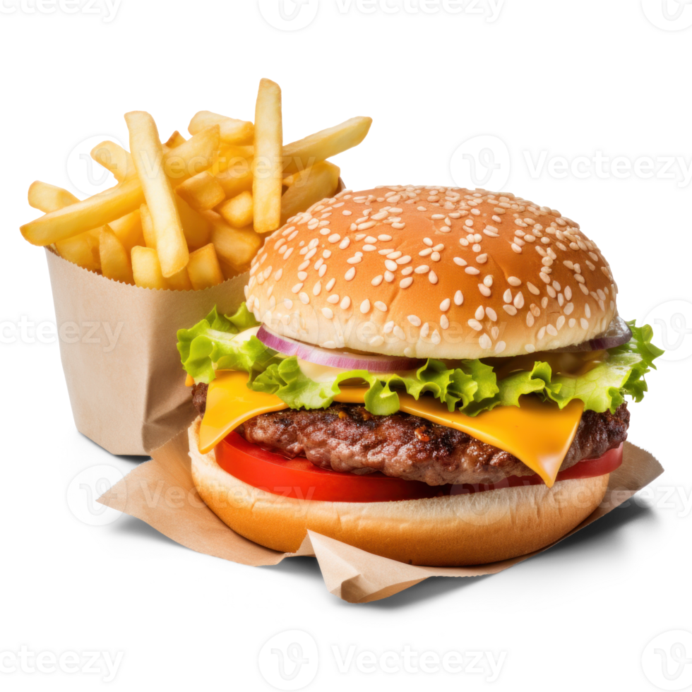 AI generated Tasty Burger and Fries on Transparent Background png