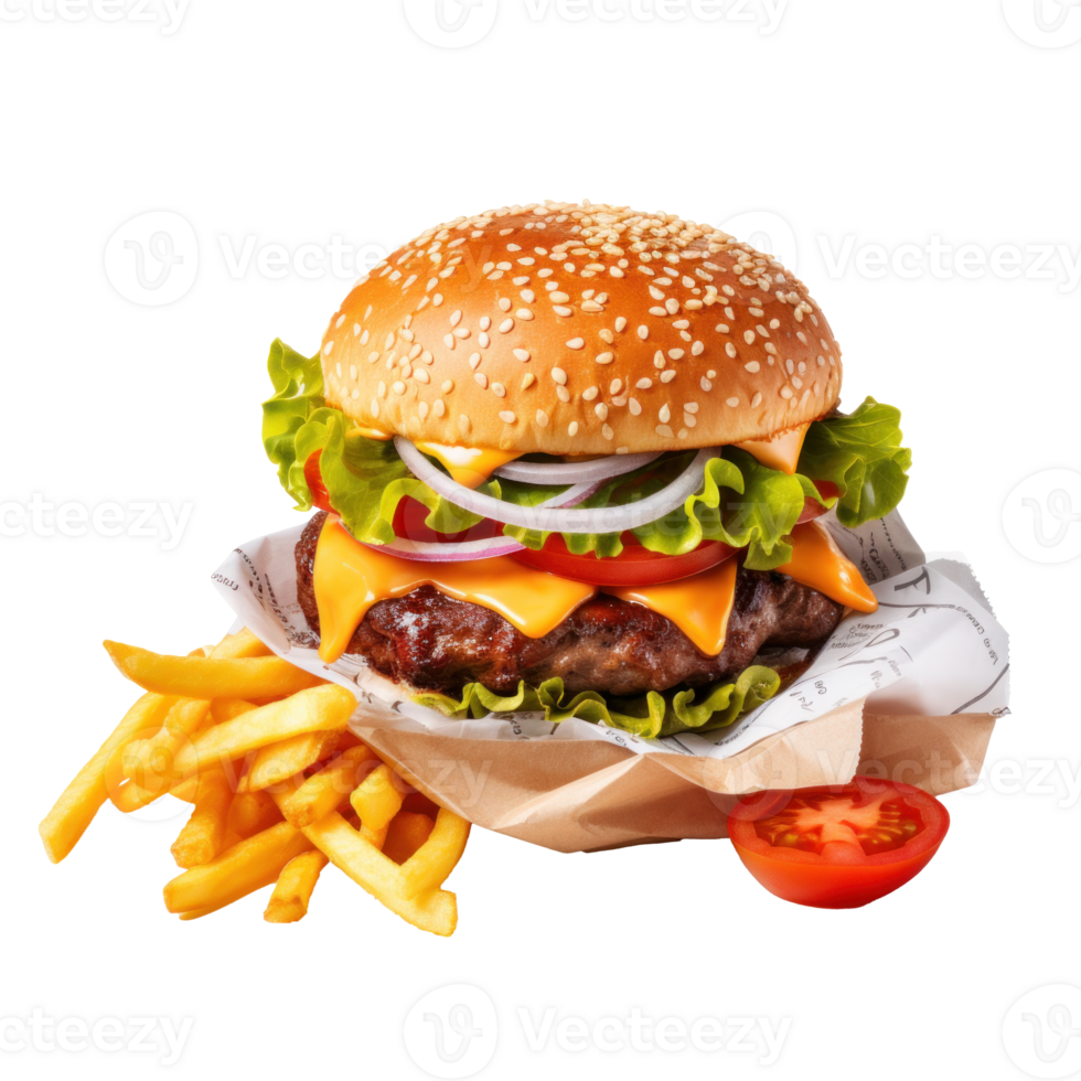 AI generated Tasty Burger with Fries on Transparent BG png