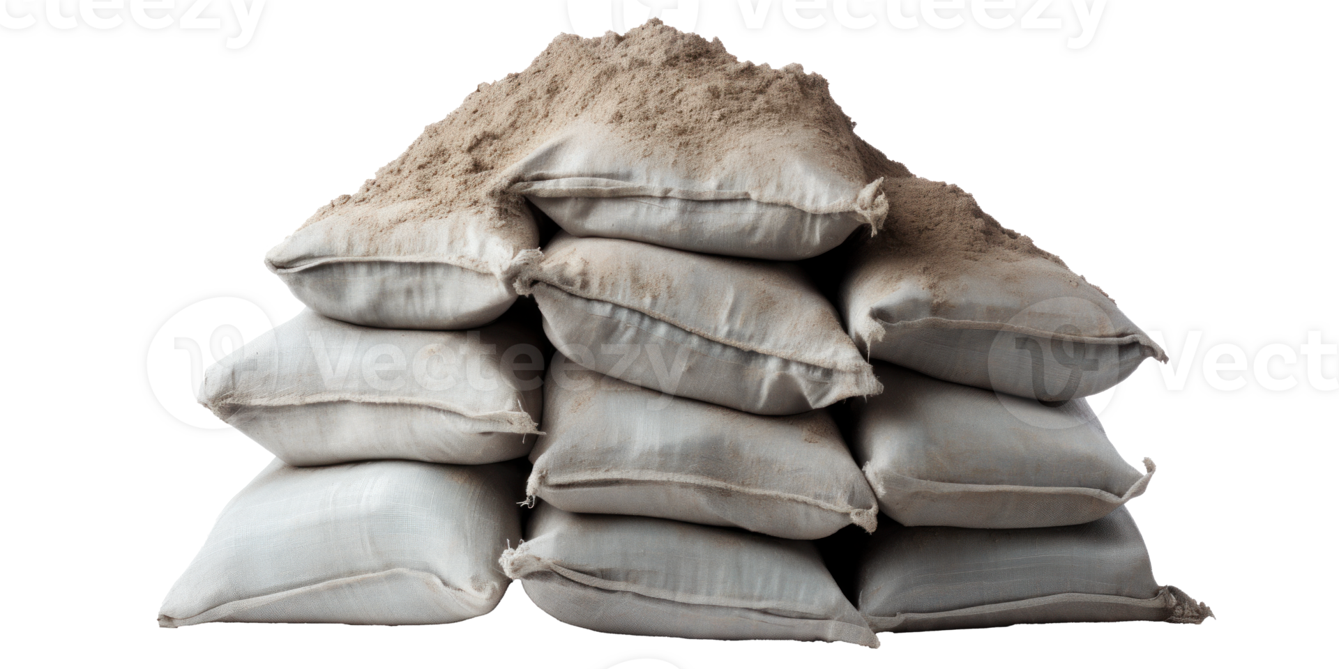 AI generated sandbags sprinkled with sand, png file of isolated cutout object on transparent background