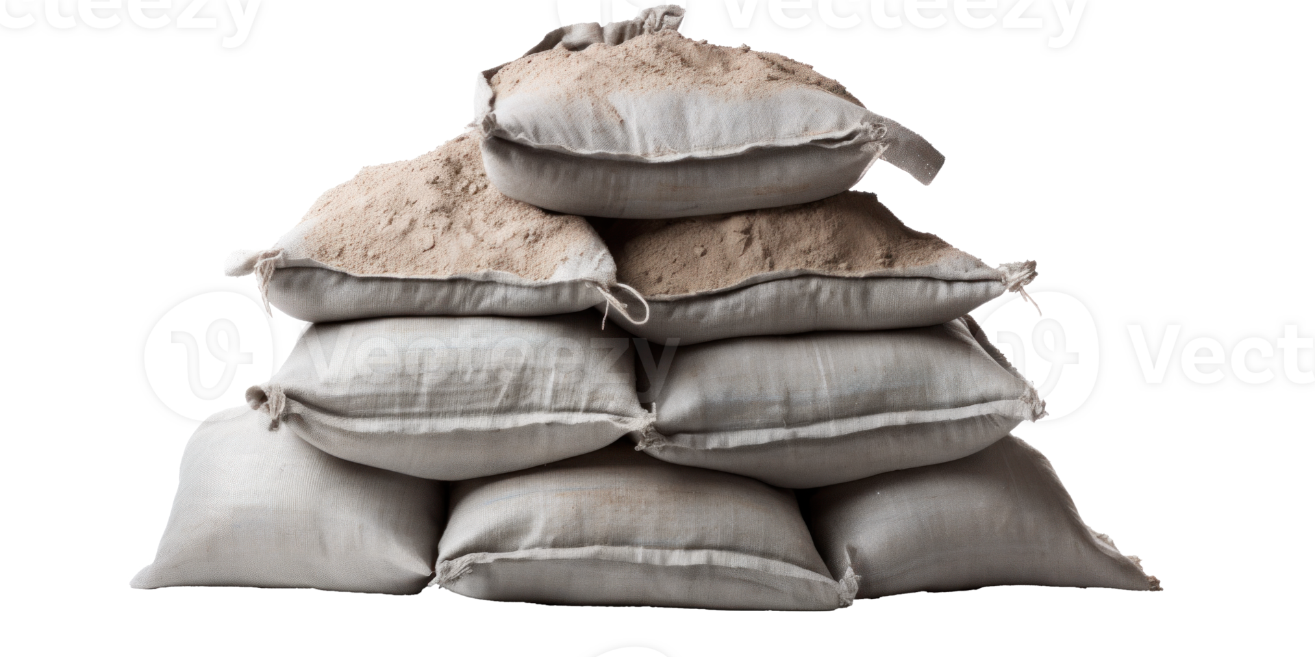 AI generated sandbags sprinkled with sand, png file of isolated cutout object on transparent background
