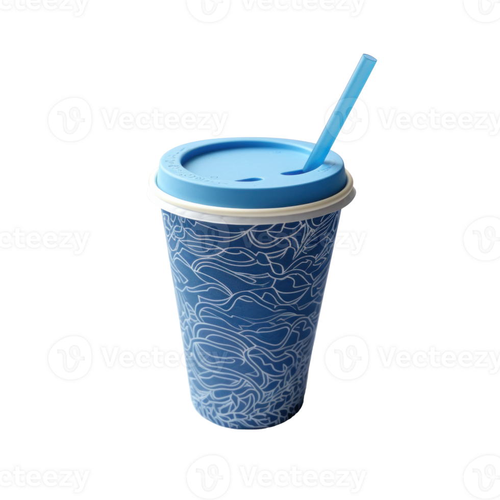 AI generated Disposable Blue Paper Cup with Lid and Straw png
