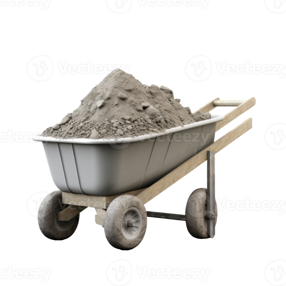 AI generated iron wheelbarrow full of cement, png file of isolated cutout object on transparent background