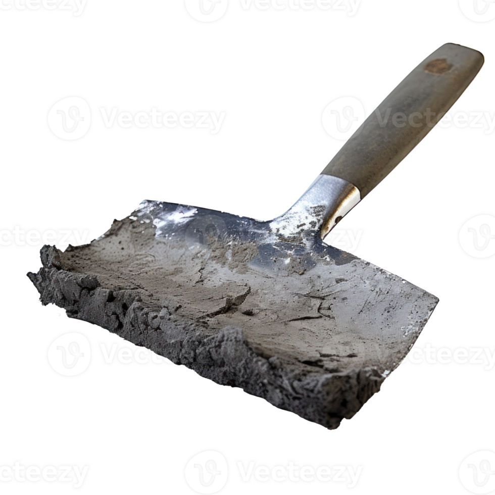 AI generated dirty shovel in cement, png file of isolated cutout object on transparent background