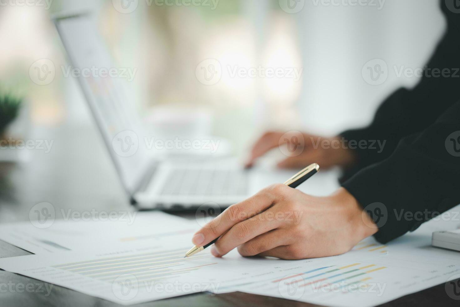 Business team. Analyze the results of marketing research or sales statistics in a briefing meeting with colleagues. photo
