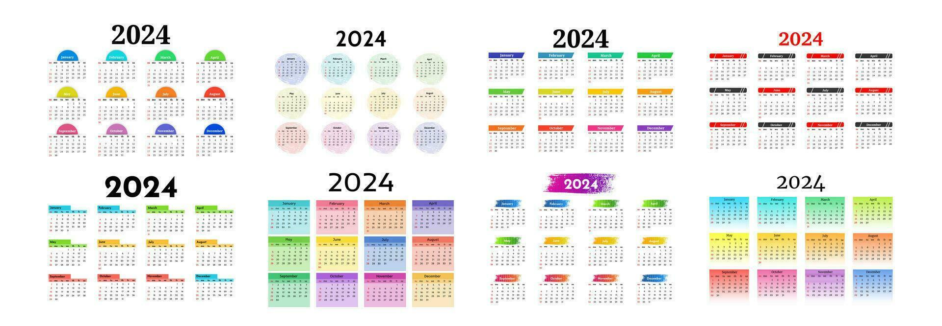 Set of eight calendars for 2024 isolated on a white background. Sunday to Monday, business template. Vector illustration