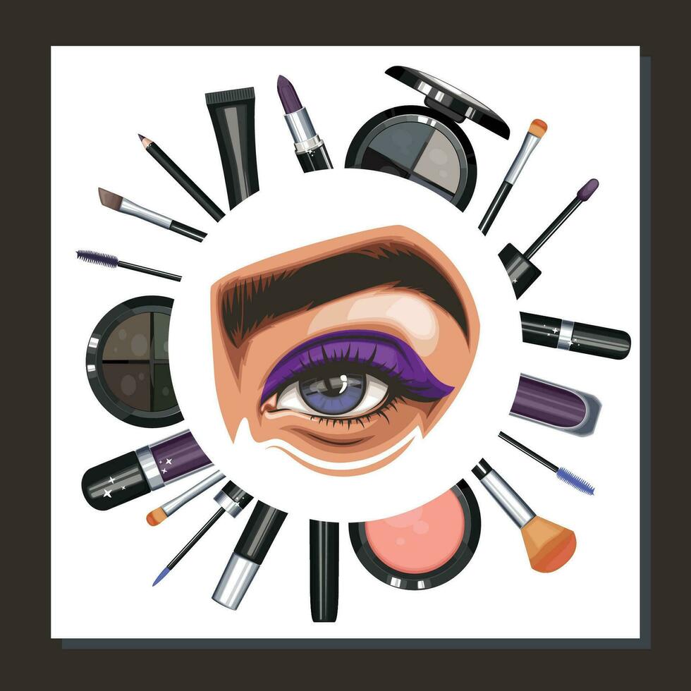 vistoso De las mujeres ojos con constituir. ojo maquillaje de cerca. belleza salón social medios de comunicación diseño diseño modelo. belleza salón bandera modelo. dibujado a mano vector ilustración hembra ojos colocar.