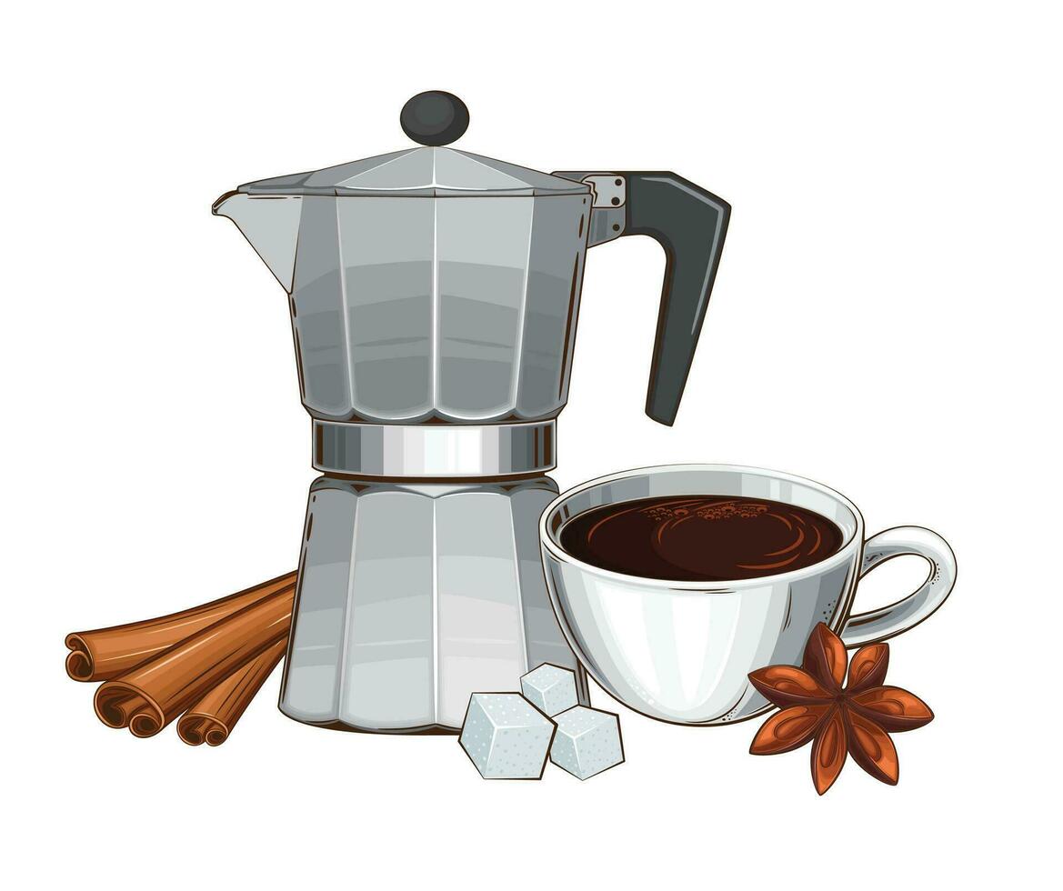 Moka Pot Coffee Maker with cup of coffee, Electric Espresso Coffee Maker Pot, Espresso machine vector