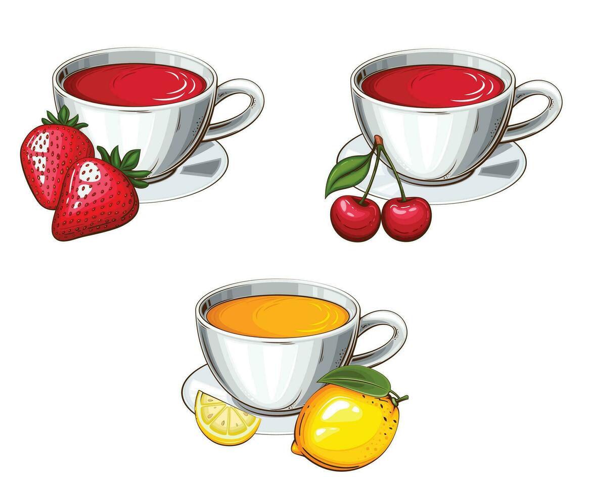 té recopilación, diferente tazas de té, negro rojo verde té. té realista ilustración. Perfecto para té comercio, café bandera vector