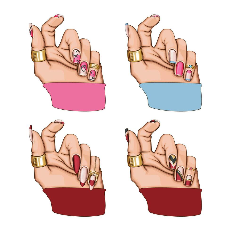 Female Hand with Beautiful Manicure. Manicure collection. Beauty Salon design concept. HAND DRAWN vector art.